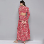 Red & Beige Floral Waist Cut-Out Maxi Dress