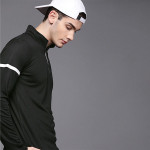 Men Black Self Design Mock Collar T-shirt