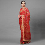 Red & Gold-Toned Woven Design Bandhani Saree